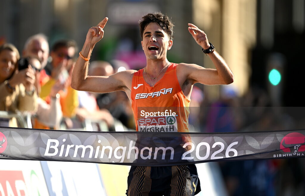 15 August 2026; Paul McGrath of Spain celebrates winning the men's half marathon race walk during day six of the European Athletics Championships 2026 in Birmingham, England. Photo by Sam Barnes/Sportsfile