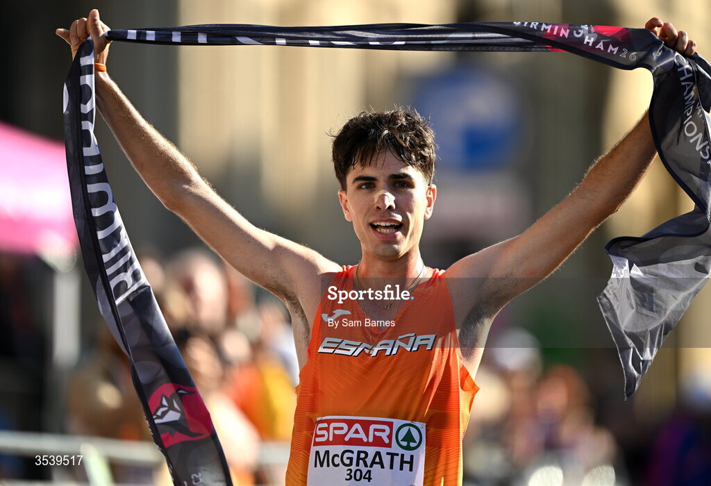 15 August 2026; Paul McGrath of Spain celebrates winning the men's half marathon race walk during day six of the European Athletics Championships 2026 in Birmingham, England. Photo by Sam Barnes/Sportsfile