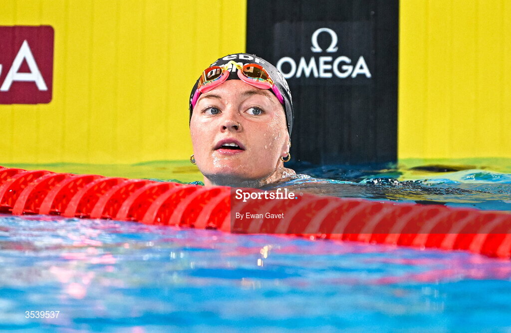 15 August 2026; Mona McSharry of Ireland after competing in the Women’s 50m Breaststroke during day six of the 2026 European Aquatics Championships in Paris, France. Photo by Ewan Gavet/Sportsfile
