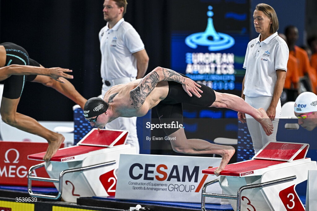 15 August 2026; Tom Fannon of Ireland competes in the Men’s 50m Freestyle during day six of the 2026 European Aquatics Championships in Paris, France. Photo by Ewan Gavet/Sportsfile