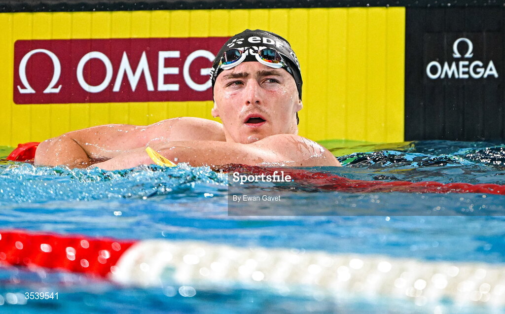 15 August 2026; Jacob Armon of Ireland after competing in the Men’s 200m Individual Medley during day six of the 2026 European Aquatics Championships in Paris, France. Photo by Ewan Gavet/Sportsfile