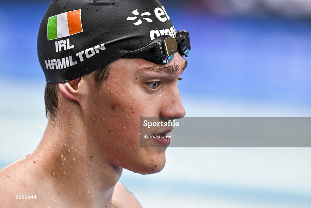 15 August 2026; Matthew Hamilton of Ireland after competing in the Men’s 50m Freestyle during day six of the 2026 European Aquatics Championships in Paris, France. Photo by Ewan Gavet/Sportsfile