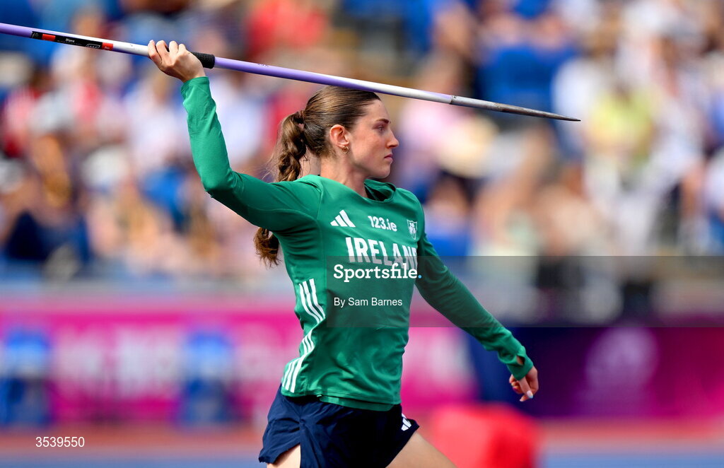 15 August 2026; Kate O’Connor of Ireland warms up before the javelin event of the women’s heptathlon during day six of the European Athletics Championships 2026 at Alexander Stadium in Birmingham, England. Photo by Sam Barnes/Sportsfile