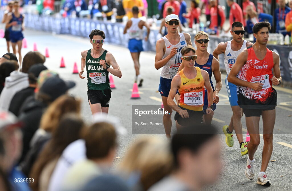 15 August 2026; Oisin Lane of Ireland competes in the men's marathon race walk during day six of the European Athletics Championships 2026 in Birmingham, England. Photo by Sam Barnes/Sportsfile