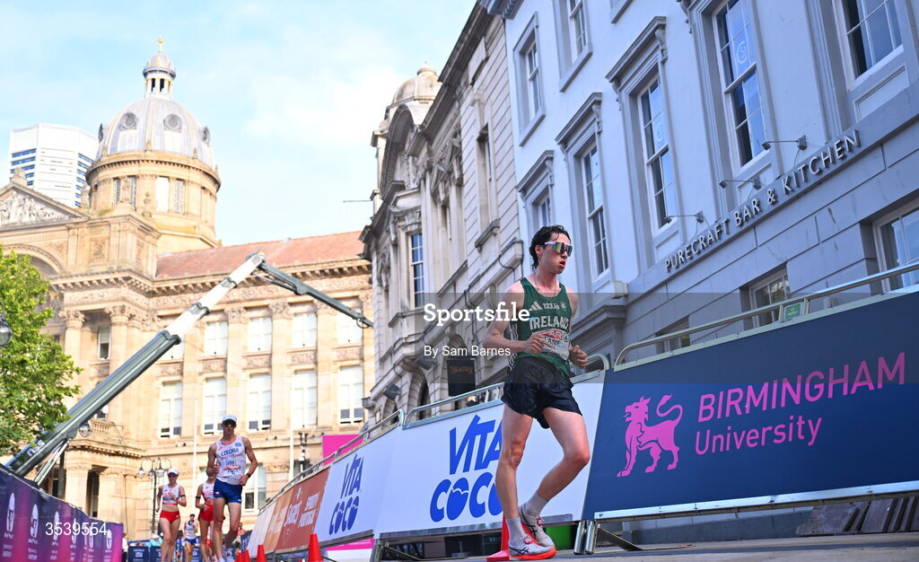 15 August 2026; Oisin Lane of Ireland competes in the men's marathon race walk during day six of the European Athletics Championships 2026 in Birmingham, England. Photo by Sam Barnes/Sportsfie