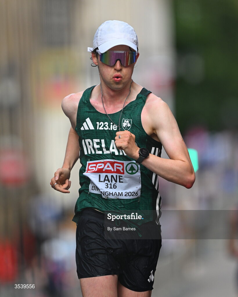 15 August 2026; Oisin Lane of Ireland competes in the men's marathon race walk during day six of the European Athletics Championships 2026 in Birmingham, England. Photo by Sam Barnes/Sportsfie
