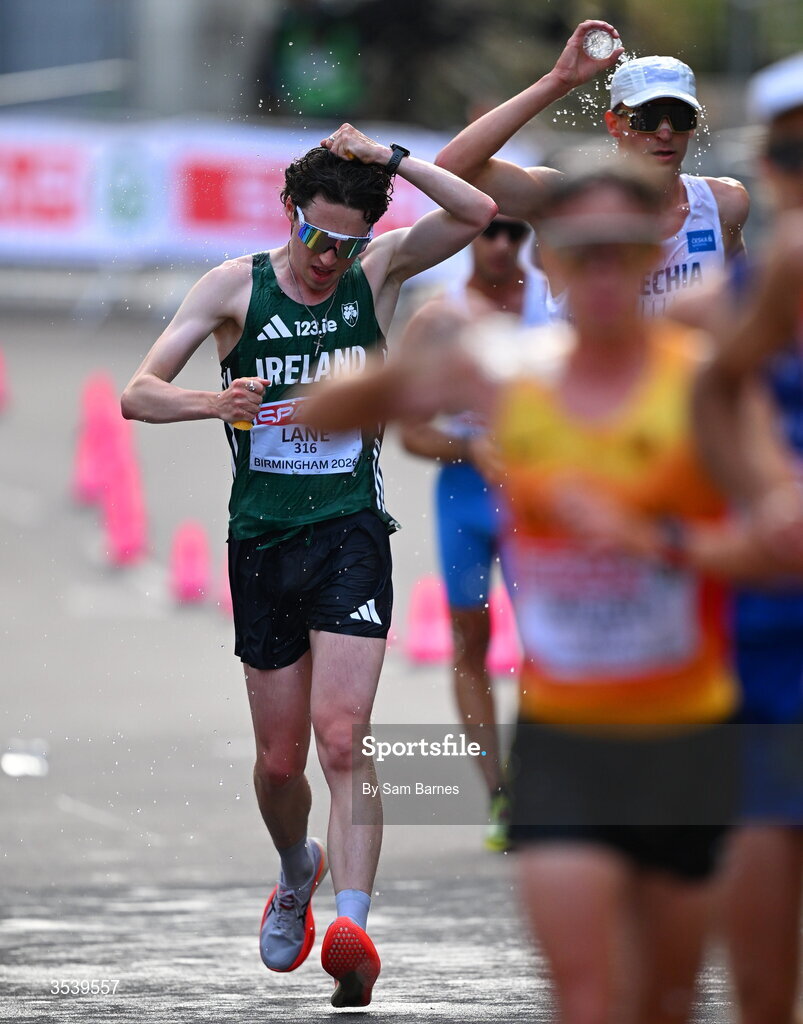 15 August 2026; Oisin Lane of Ireland competes in the men's marathon race walk during day six of the European Athletics Championships 2026 in Birmingham, England. Photo by Sam Barnes/Sportsfie