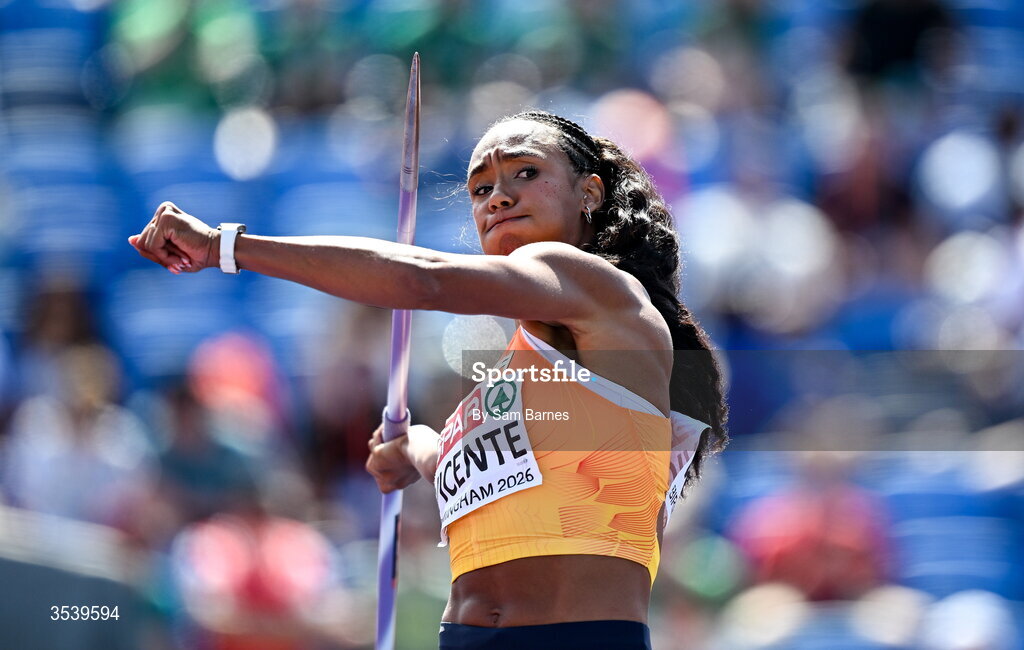 15 August 2026; María Vicente of Spain competes in the javelin event of the women’s heptathlon during day six of the European Athletics Championships 2026 at Alexander Stadium in Birmingham, England. Photo by Sam Barnes/Sportsfile