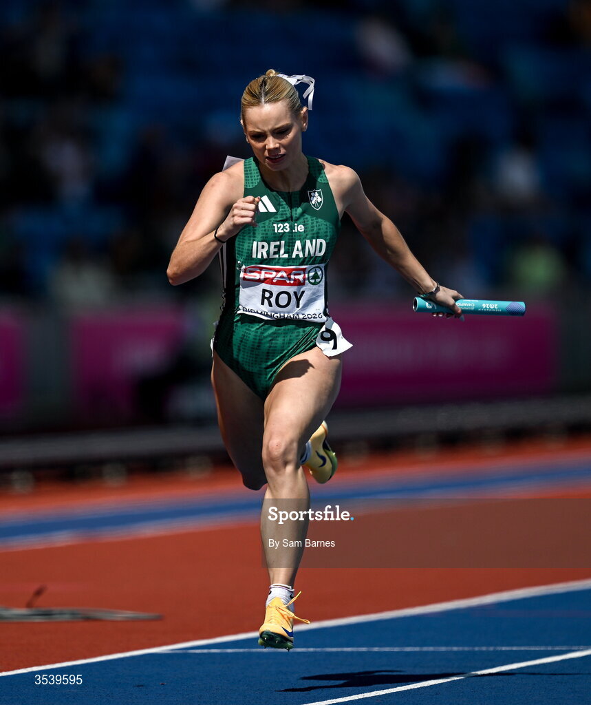 15 August 2026; Lauren Roy of Ireland competes in round 1 of the women's 4x100m relay event during day six of the European Athletics Championships 2026 at Alexander Stadium in Birmingham, England. Photo by Sam Barnes/Sportsfile