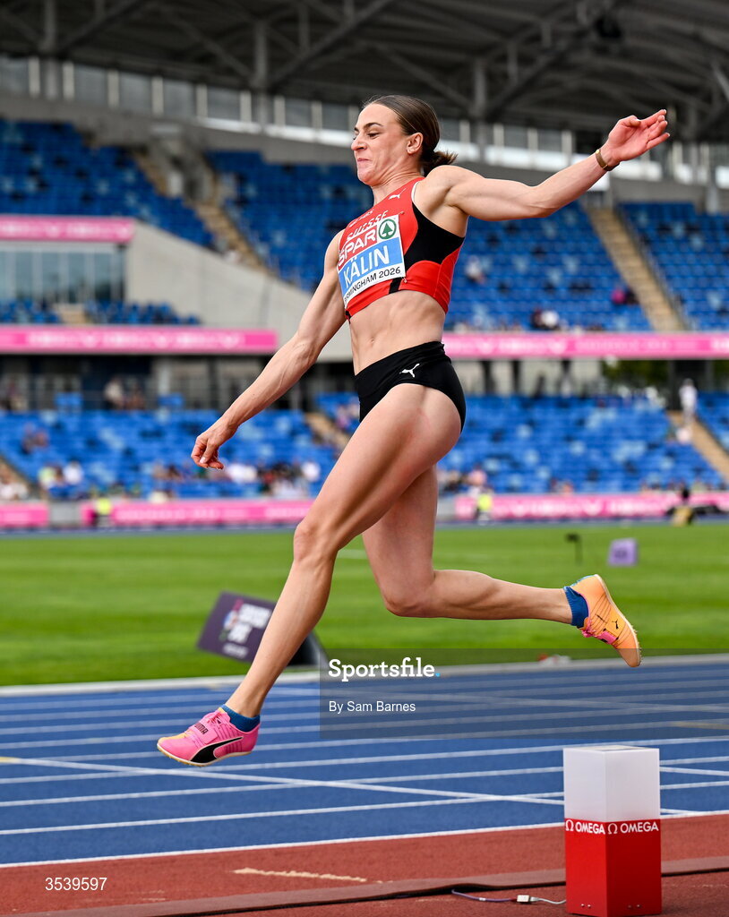 15 August 2026; Annik Kälin of Switzerland competes in the long jump event of the women’s heptathlon during day six of the European Athletics Championships 2026 at Alexander Stadium in Birmingham, England. Photo by Sam Barnes/Sportsfile