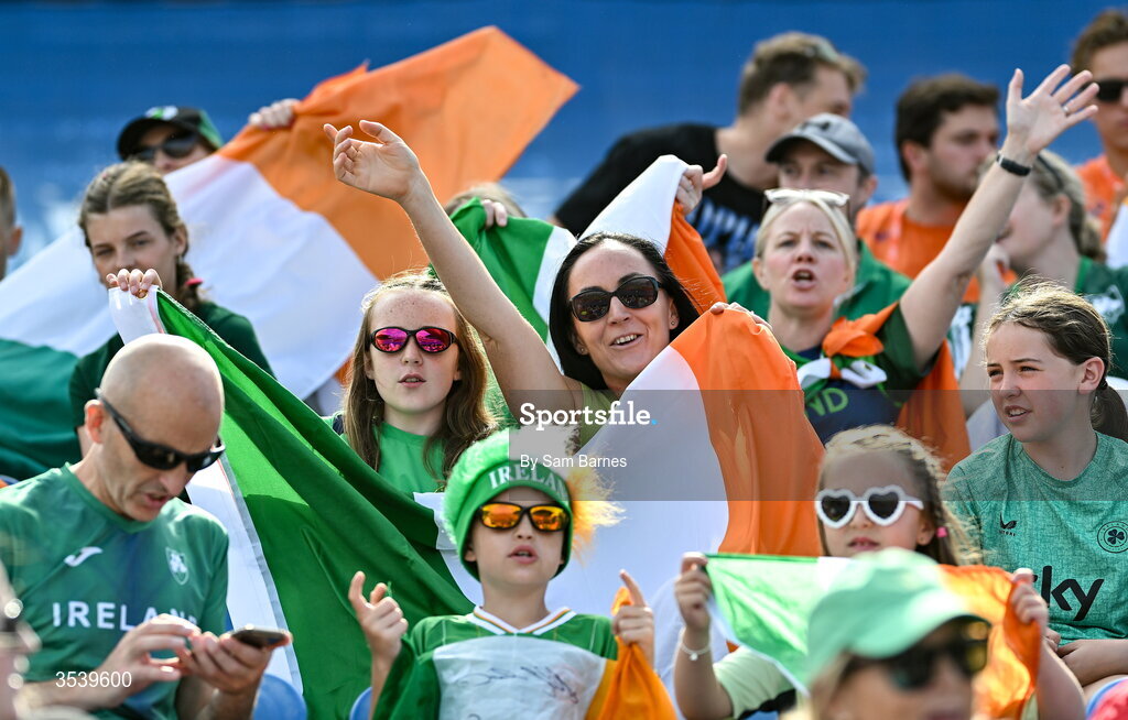 15 August 2026; Ireland supporters during day six of the European Athletics Championships 2026 at Alexander Stadium in Birmingham, England. Photo by Sam Barnes/Sportsfile