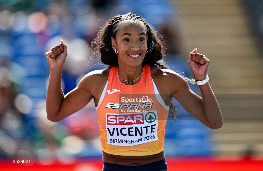 15 August 2026; María Vicente of Spain competes in the javelin event of the women’s heptathlon during day six of the European Athletics Championships 2026 at Alexander Stadium in Birmingham, England. Photo by Sam Barnes/Sportsfile