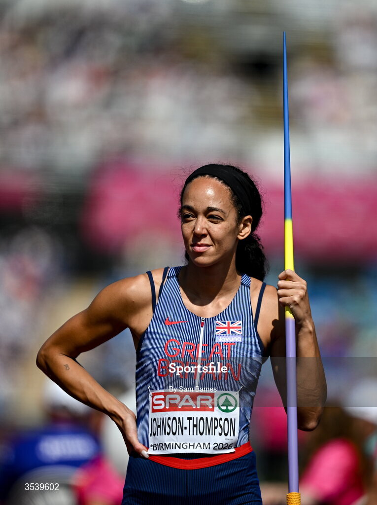 15 August 2026; Katarina Johnson-Thompson of Great Britain and Northern Ireland competes in the javelin event of the women’s heptathlon during day six of the European Athletics Championships 2026 at Alexander Stadium in Birmingham, England. Photo by Sam Barnes/Sportsfile
