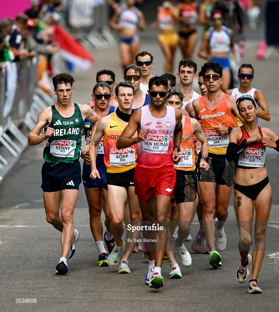 15 August 2026; David Kenny of Ireland competes in the men's half marathon race walk during day six of the European Athletics Championships 2026 in Birmingham, England. Photo by Sam Barnes/Sportsfile
