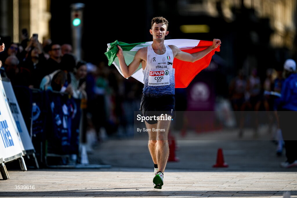 15 August 2026; Andrea Cosi of Italy on his way to finishing third in the men's marathon race walk during day six of the European Athletics Championships 2026 in Birmingham, England. Photo by Sam Barnes/Sportsfile