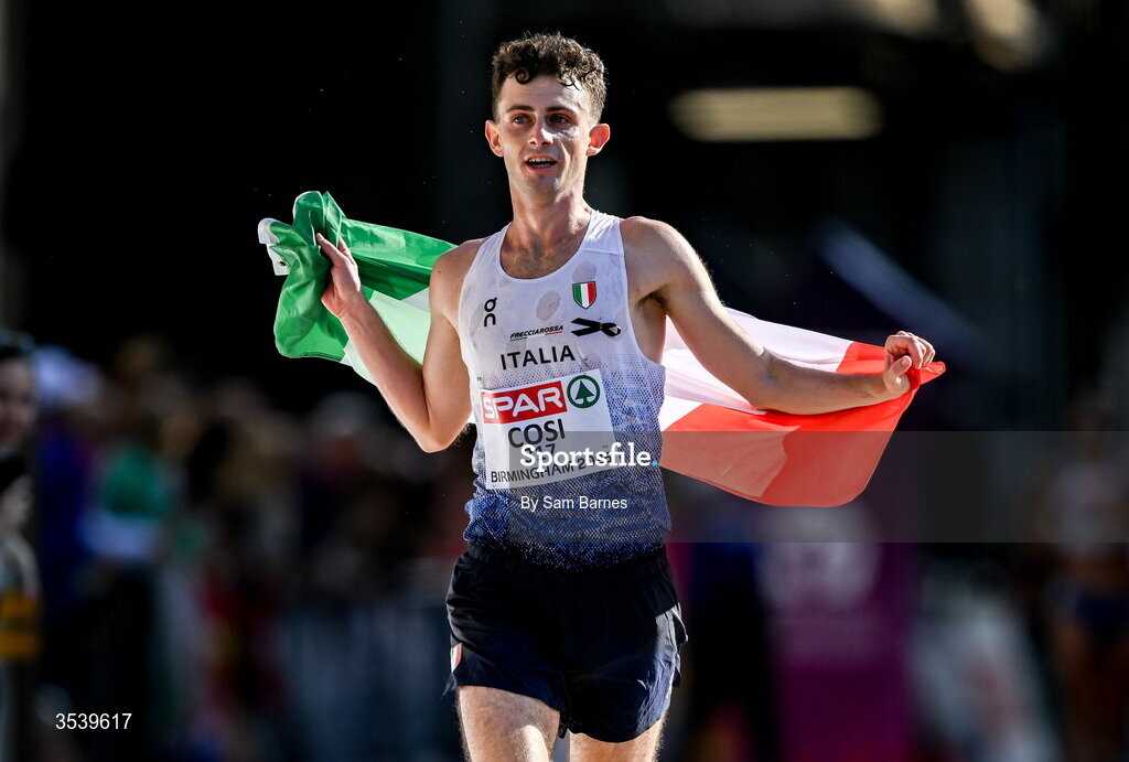 15 August 2026; Andrea Cosi of Italy on his way to finishing third in the men's marathon race walk during day six of the European Athletics Championships 2026 in Birmingham, England. Photo by Sam Barnes/Sportsfile