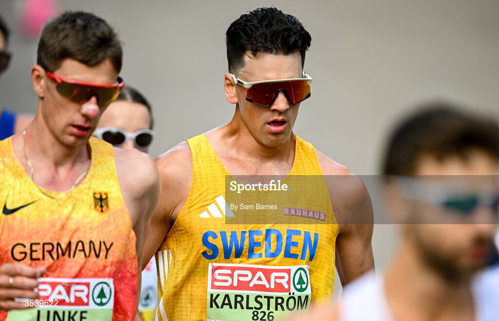 15 August 2026; Perseus Karlström of Sweden during the men's marathon race walk on day six of the European Athletics Championships 2026 in Birmingham, England. Photo by Sam Barnes/Sportsfile