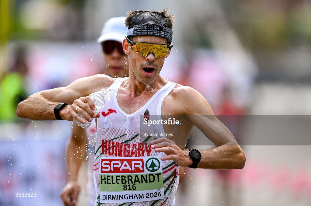 15 August 2026; Máté Helebrandt of Hungary during the men's marathon race walk on day six of the European Athletics Championships 2026 in Birmingham, England. Photo by Sam Barnes/Sportsfile