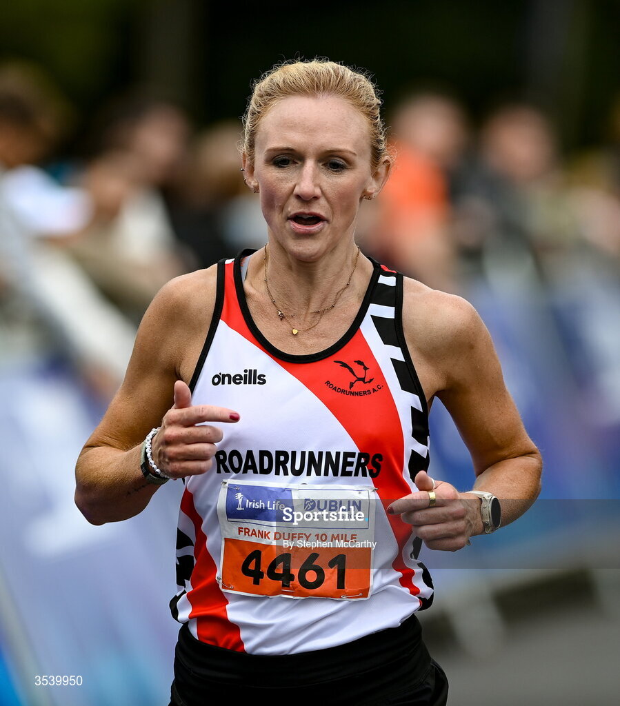 15 August 2026; Pamela Kirk of RaodRunners AC, 4461, on her way to finishing third during the 2026 Irish Life Frank Duffy 10 Mile, in the Phoenix Park, Dublin. Thousands of runners took part in the sold out Irish Life Frank Duffy 10 Mile, the second event in the 2026 Irish Life Dublin Race Series. Photo by Stephen McCarthy/Sportsfile