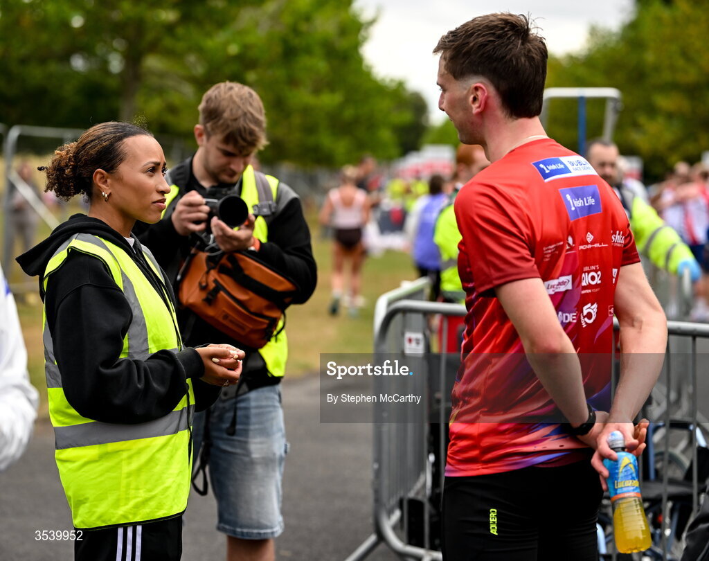 15 August 2026; Nadia Power interviews race winner Cormac Dalton of Mullingar Harriers AC after the 2026 Irish Life Frank Duffy 10 Mile, in the Phoenix Park, Dublin. Thousands of runners took part in the sold out Irish Life Frank Duffy 10 Mile, the second event in the 2026 Irish Life Dublin Race Series. Photo by Stephen McCarthy/Sportsfile