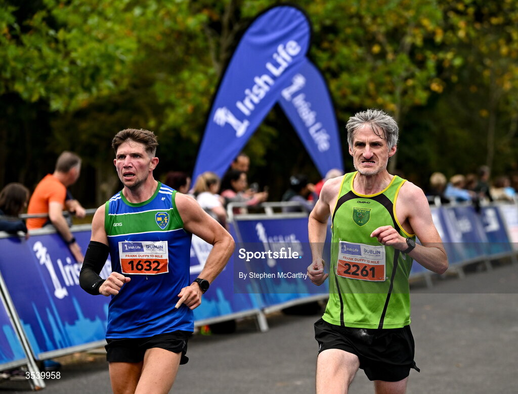 15 August 2026; Ciaran Aylward of Rathfarnham WSAF AC, right, and Peter Mullan from Dublin, left, during the 2026 Irish Life Frank Duffy 10 Mile, in the Phoenix Park, Dublin. Thousands of runners took part in the sold out Irish Life Frank Duffy 10 Mile, the second event in the 2026 Irish Life Dublin Race Series. Photo by Stephen McCarthy/Sportsfile