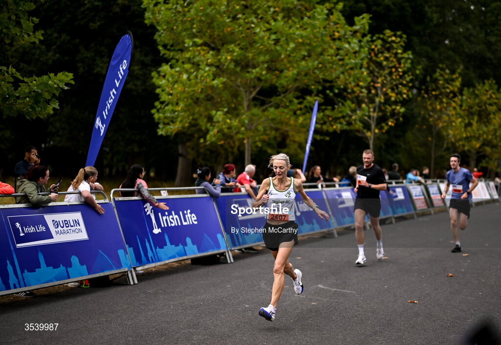 15 August 2026; Brenda O'Donoghue of Togher AC during the 2026 Irish Life Frank Duffy 10 Mile, in the Phoenix Park, Dublin. Thousands of runners took part in the sold out Irish Life Frank Duffy 10 Mile, the second event in the 2026 Irish Life Dublin Race Series. Photo by Stephen McCarthy/Sportsfile