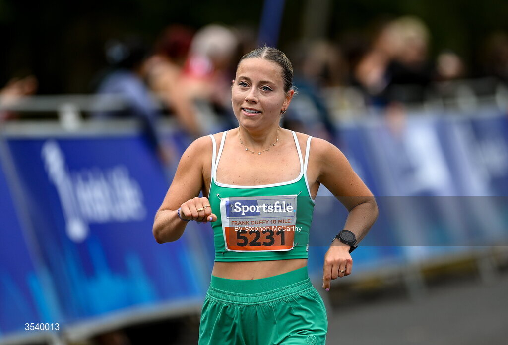 15 August 2026; Miranda Frizzelle from Dublin during the 2026 Irish Life Frank Duffy 10 Mile, in the Phoenix Park, Dublin. Thousands of runners took part in the sold out Irish Life Frank Duffy 10 Mile, the second event in the 2026 Irish Life Dublin Race Series. Photo by Stephen McCarthy/Sportsfile