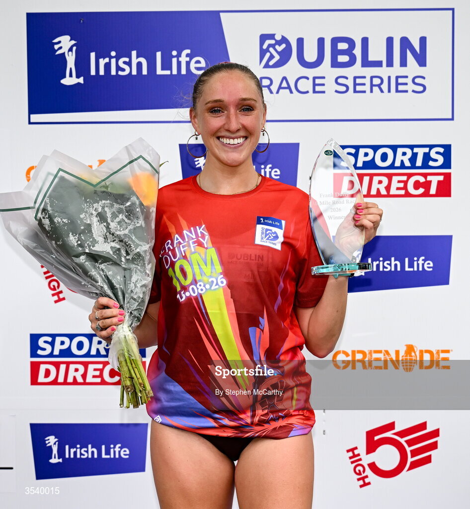15 August 2026; Women's winner Maebh Brannigan of Galway City Harriers AC after the 2026 Irish Life Frank Duffy 10 Mile, in the Phoenix Park, Dublin. Thousands of runners took part in the sold out Irish Life Frank Duffy 10 Mile, the second event in the 2026 Irish Life Dublin Race Series. Photo by Stephen McCarthy/Sportsfile