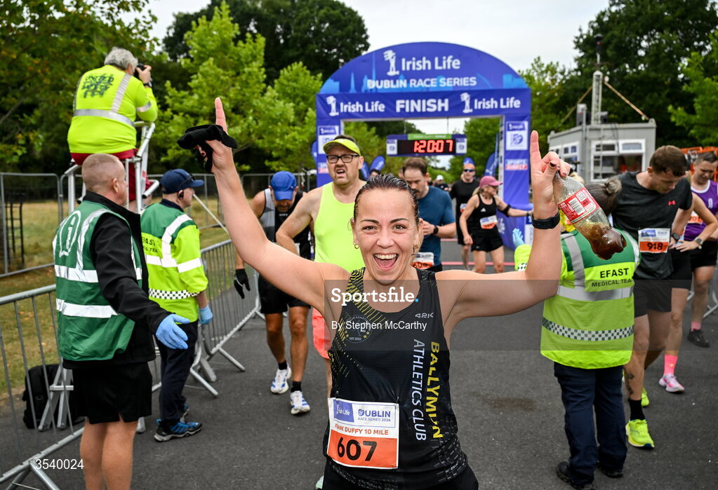 15 August 2026; Anne-Marie Burns of Ballymun AC after finishing the 2026 Irish Life Frank Duffy 10 Mile, in the Phoenix Park, Dublin. Thousands of runners took part in the sold out Irish Life Frank Duffy 10 Mile, the second event in the 2026 Irish Life Dublin Race Series. Photo by Stephen McCarthy/Sportsfile