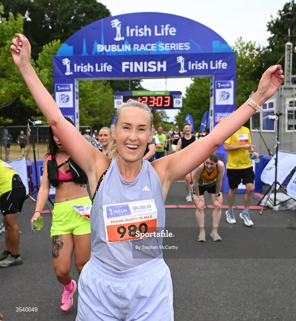 15 August 2026; Susan Murray from Wicklow celebrates after finishing the 2026 Irish Life Frank Duffy 10 Mile, in the Phoenix Park, Dublin. Thousands of runners took part in the sold out Irish Life Frank Duffy 10 Mile, the second event in the 2026 Irish Life Dublin Race Series. Photo by Stephen McCarthy/Sportsfile