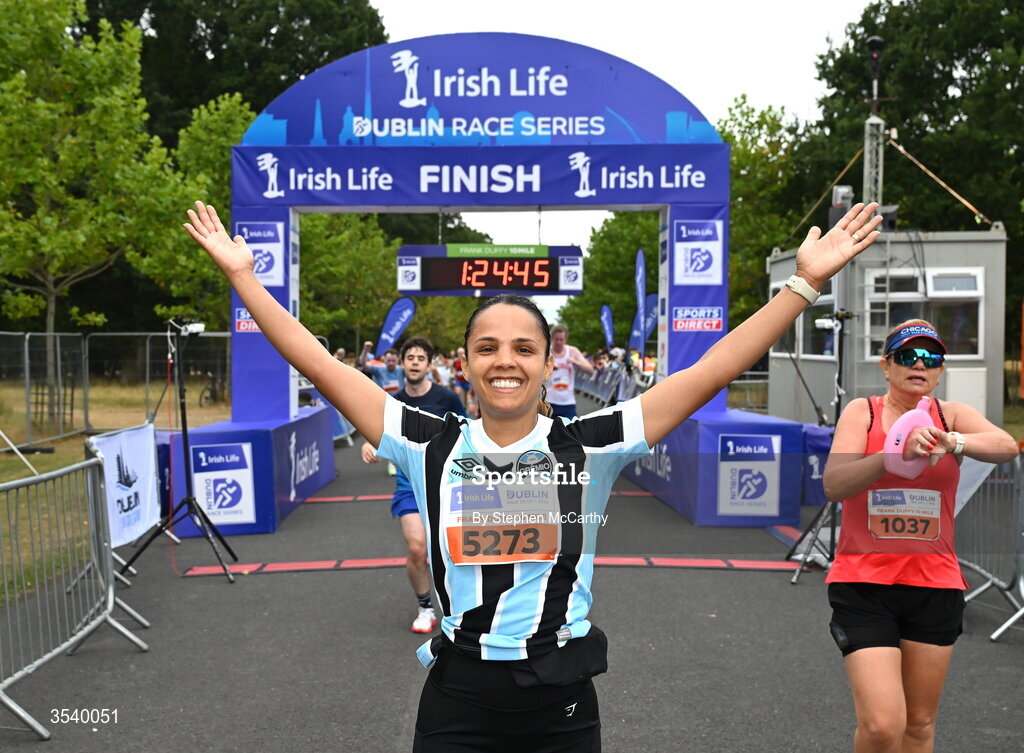 15 August 2026; Dulci Padilha celebrates after finishing the 2026 Irish Life Frank Duffy 10 Mile, in the Phoenix Park, Dublin. Thousands of runners took part in the sold out Irish Life Frank Duffy 10 Mile, the second event in the 2026 Irish Life Dublin Race Series. Photo by Stephen McCarthy/Sportsfile