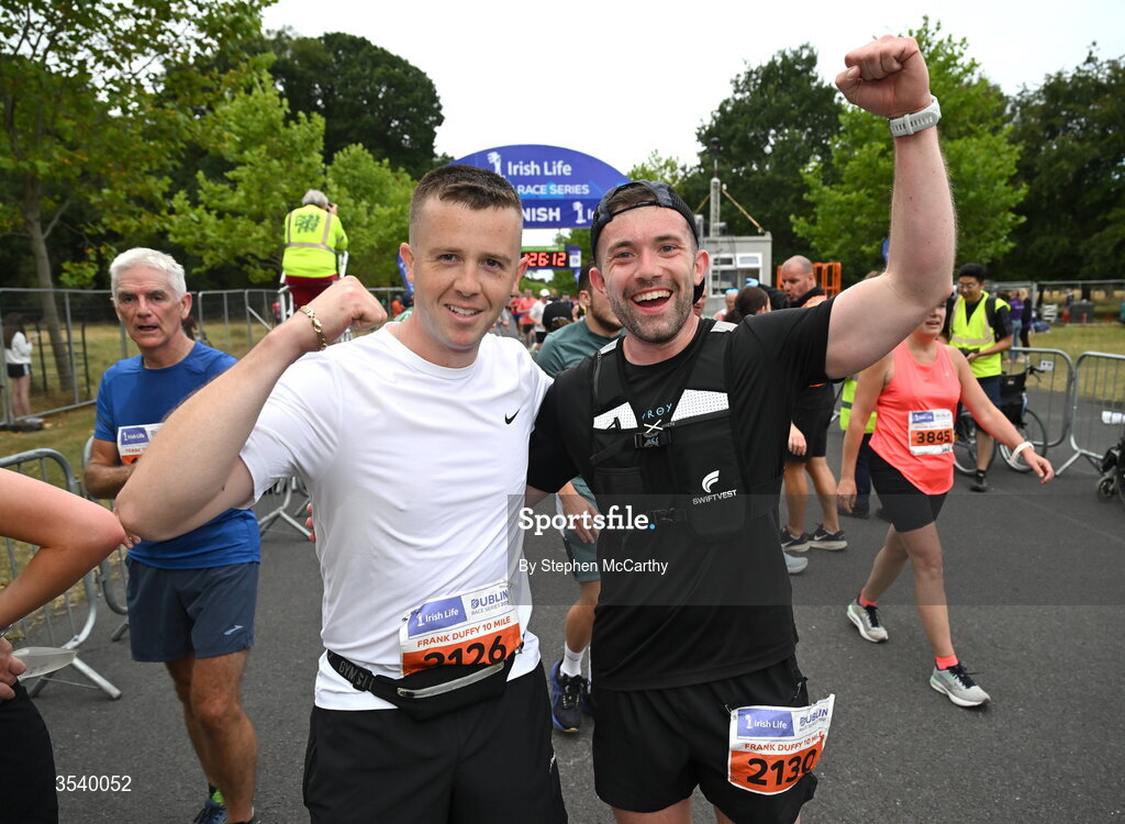 15 August 2026; Gavin Walsh, left, and Jason Coster from Wicklow after the 2026 Irish Life Frank Duffy 10 Mile, in the Phoenix Park, Dublin. Thousands of runners took part in the sold out Irish Life Frank Duffy 10 Mile, the second event in the 2026 Irish Life Dublin Race Series. Photo by Stephen McCarthy/Sportsfile