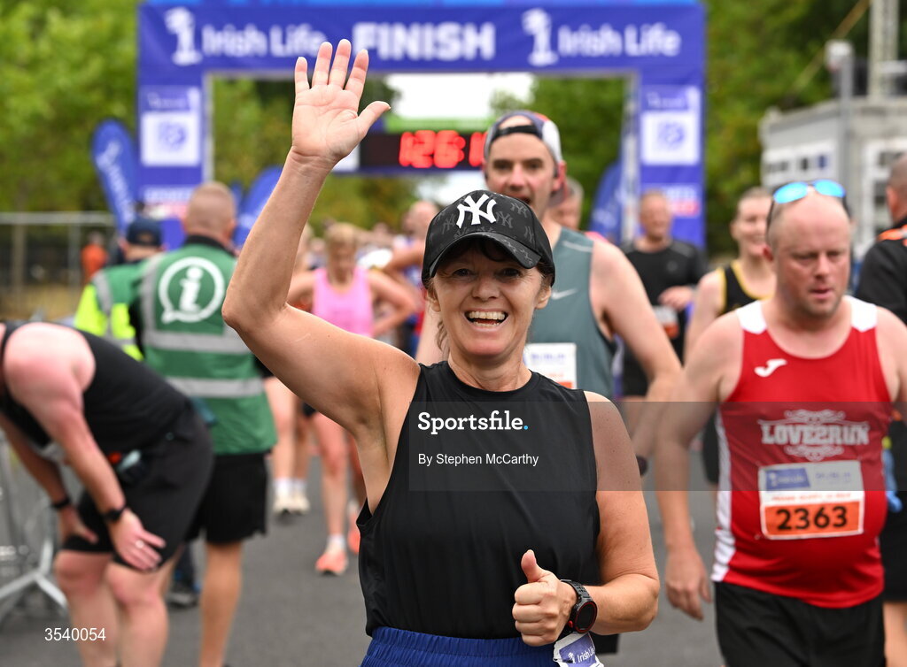 15 August 2026; Sharon Woods of Crusaders AC, Dublin, after finishing the 2026 Irish Life Frank Duffy 10 Mile, in the Phoenix Park, Dublin. Thousands of runners took part in the sold out Irish Life Frank Duffy 10 Mile, the second event in the 2026 Irish Life Dublin Race Series. Photo by Stephen McCarthy/Sportsfile