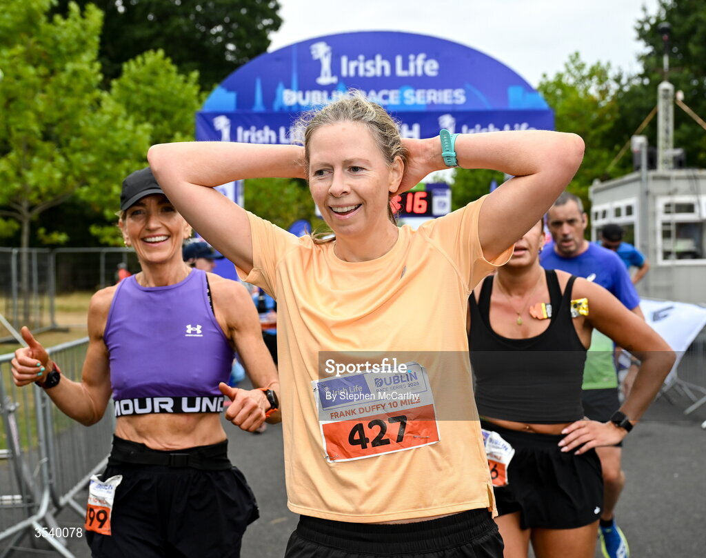 15 August 2026; Niamh Gibson from Dublin after finishing the 2026 Irish Life Frank Duffy 10 Mile, in the Phoenix Park, Dublin. Thousands of runners took part in the sold out Irish Life Frank Duffy 10 Mile, the second event in the 2026 Irish Life Dublin Race Series. Photo by Stephen McCarthy/Sportsfile