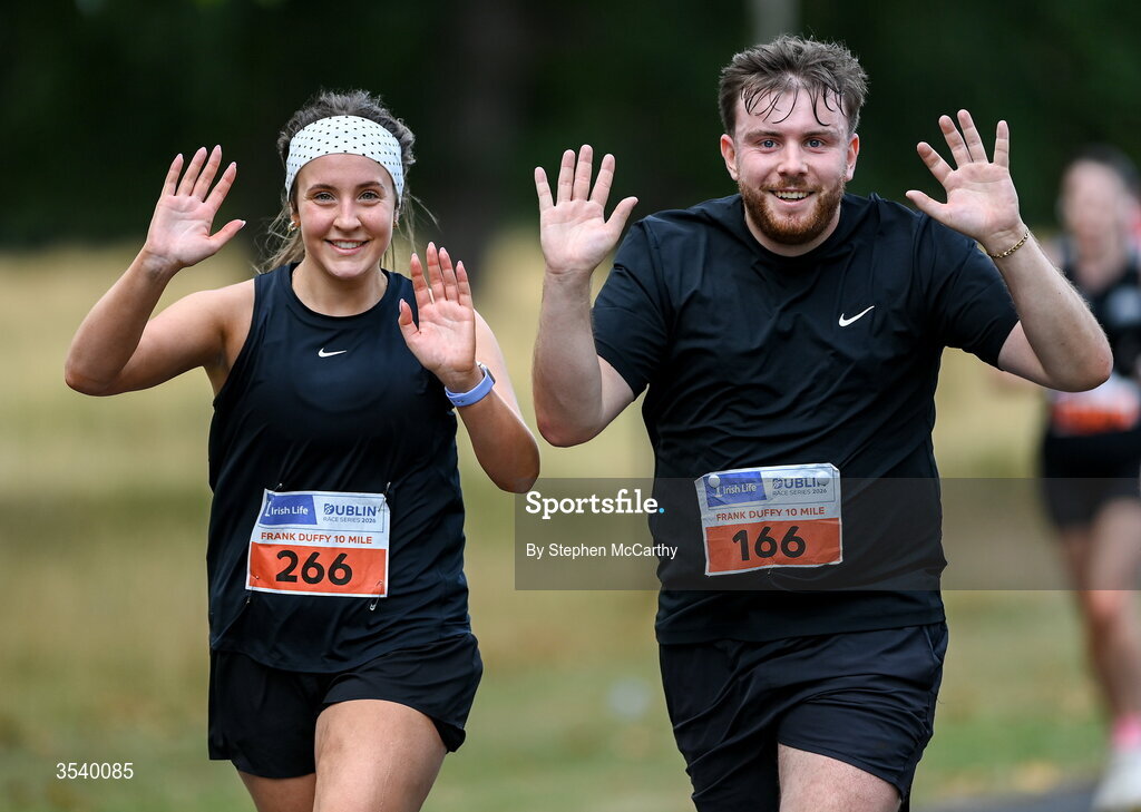 15 August 2026; Leah McCabe and Conor Morrow from Dublin during the 2026 Irish Life Frank Duffy 10 Mile, in the Phoenix Park, Dublin. Thousands of runners took part in the sold out Irish Life Frank Duffy 10 Mile, the second event in the 2026 Irish Life Dublin Race Series. Photo by Stephen McCarthy/Sportsfile