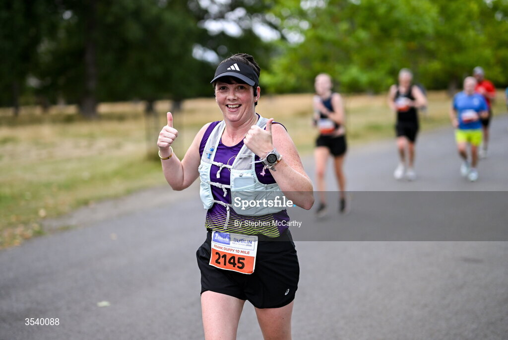 15 August 2026; Lorraine Barnby from Kildare during the 2026 Irish Life Frank Duffy 10 Mile, in the Phoenix Park, Dublin. Thousands of runners took part in the sold out Irish Life Frank Duffy 10 Mile, the second event in the 2026 Irish Life Dublin Race Series. Photo by Stephen McCarthy/Sportsfile