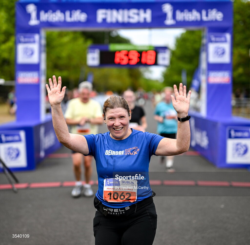 15 August 2026; Deirdre Lynch from Dublin after finishing the 2026 Irish Life Frank Duffy 10 Mile, in the Phoenix Park, Dublin. Thousands of runners took part in the sold out Irish Life Frank Duffy 10 Mile, the second event in the 2026 Irish Life Dublin Race Series. Photo by Stephen McCarthy/Sportsfile