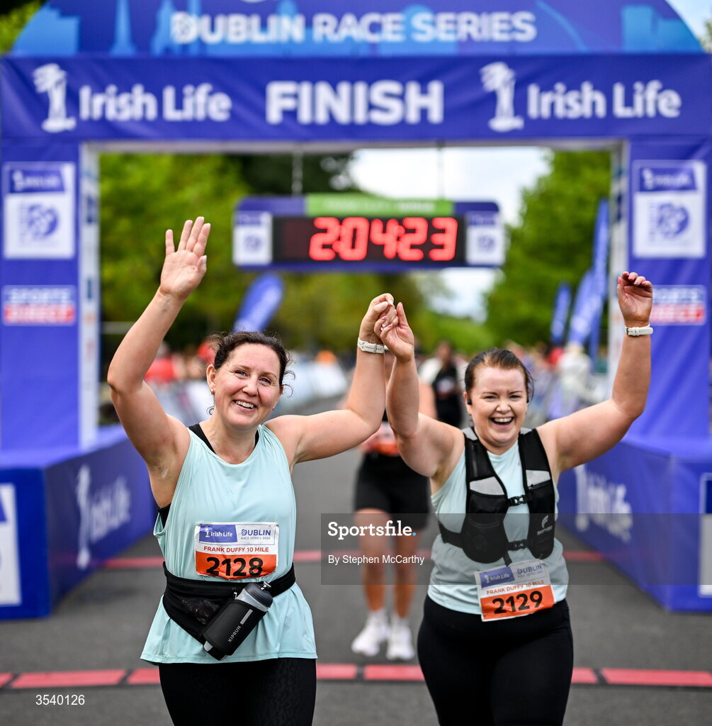 15 August 2026; Sheelagh Murphy, left, and Jenny Fitzgerald from Kildare after finishing the 2026 Irish Life Frank Duffy 10 Mile, in the Phoenix Park, Dublin. Thousands of runners took part in the sold out Irish Life Frank Duffy 10 Mile, the second event in the 2026 Irish Life Dublin Race Series. Photo by Stephen McCarthy/Sportsfile