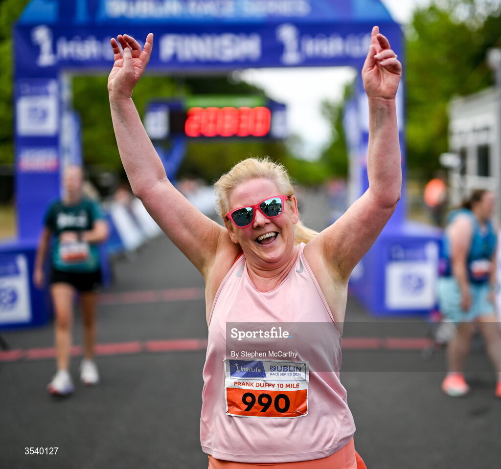 15 August 2026; Lorna Connolly from Dublin celebrates after finishing the 2026 Irish Life Frank Duffy 10 Mile, in the Phoenix Park, Dublin. Thousands of runners took part in the sold out Irish Life Frank Duffy 10 Mile, the second event in the 2026 Irish Life Dublin Race Series. Photo by Stephen McCarthy/Sportsfile
