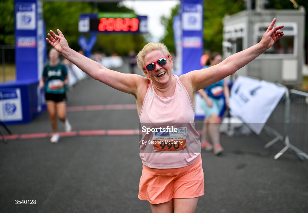 15 August 2026; Lorna Connolly from Dublin celebrates after finishing the 2026 Irish Life Frank Duffy 10 Mile, in the Phoenix Park, Dublin. Thousands of runners took part in the sold out Irish Life Frank Duffy 10 Mile, the second event in the 2026 Irish Life Dublin Race Series. Photo by Stephen McCarthy/Sportsfile
