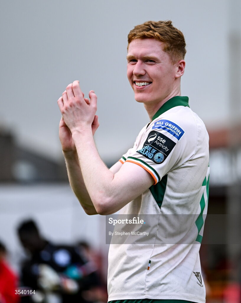 9 August 2026; Darragh Nugent of St Patrick's Athletic celebrates after the SSE Airtricity Men’s Premier Division match between Shelbourne and St Patrick's Athletic at Tolka Park in Dublin. Photo by Stephen McCarthy/Sportsfile