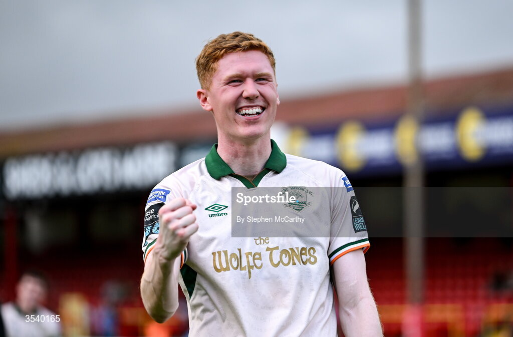 9 August 2026; Darragh Nugent of St Patrick's Athletic celebrates after the SSE Airtricity Men’s Premier Division match between Shelbourne and St Patrick's Athletic at Tolka Park in Dublin. Photo by Stephen McCarthy/Sportsfile