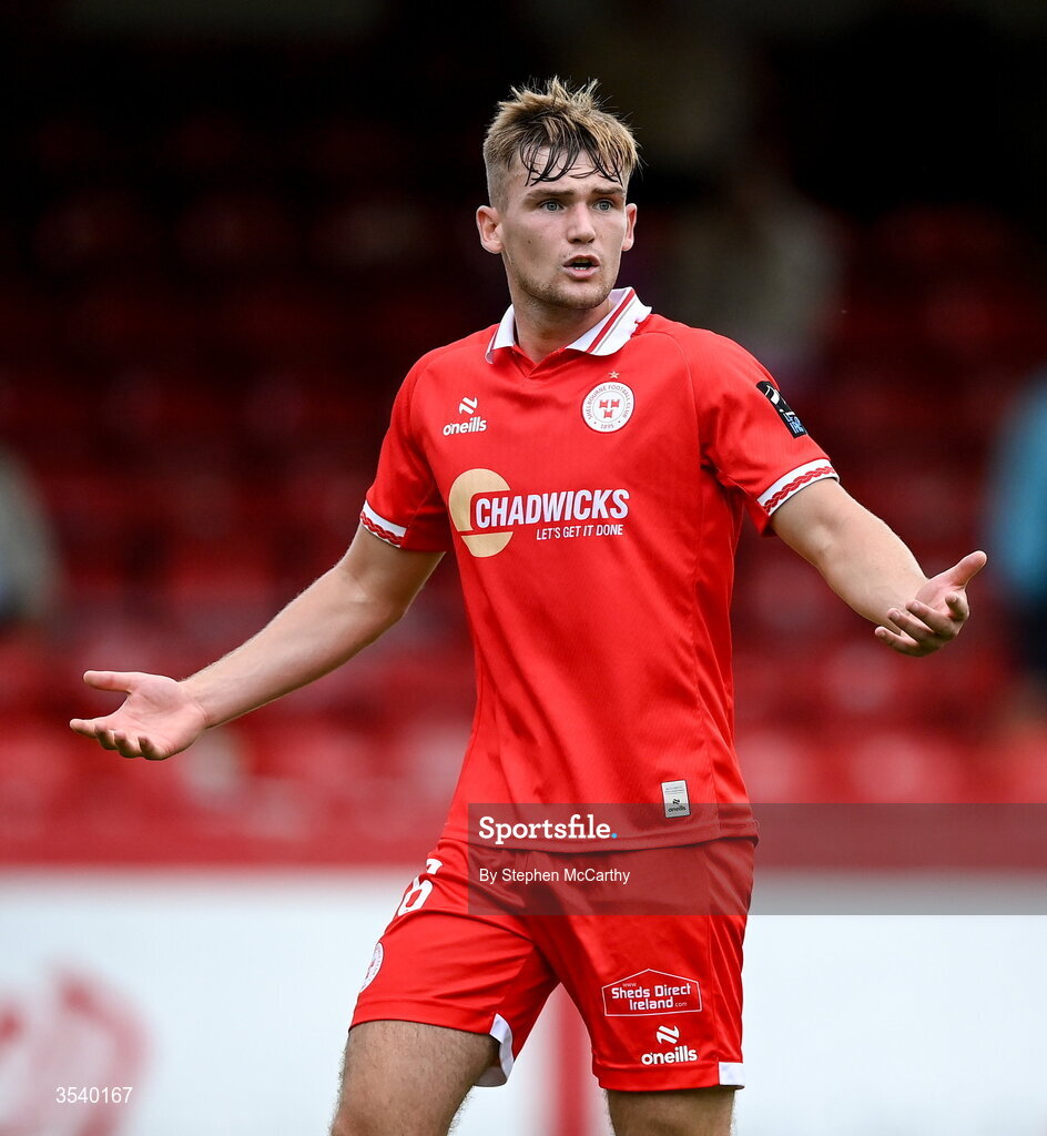9 August 2026; Odhrán Casey of Shelbourne during the SSE Airtricity Men’s Premier Division match between Shelbourne and St Patrick's Athletic at Tolka Park in Dublin. Photo by Stephen McCarthy/Sportsfile
