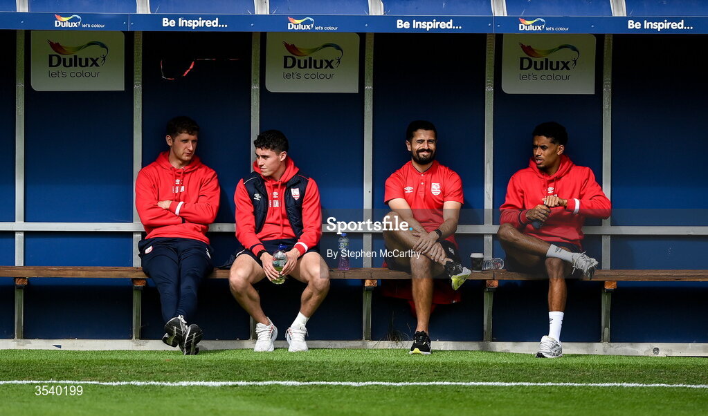9 August 2026; St Patrick's Athletic players, from left, Ronan Boyce, Kian Leavy, Zack Elbouzedi and Romal Palmer before the SSE Airtricity Men’s Premier Division match between Shelbourne and St Patrick's Athletic at Tolka Park in Dublin. Photo by Stephen McCarthy/Sportsfile