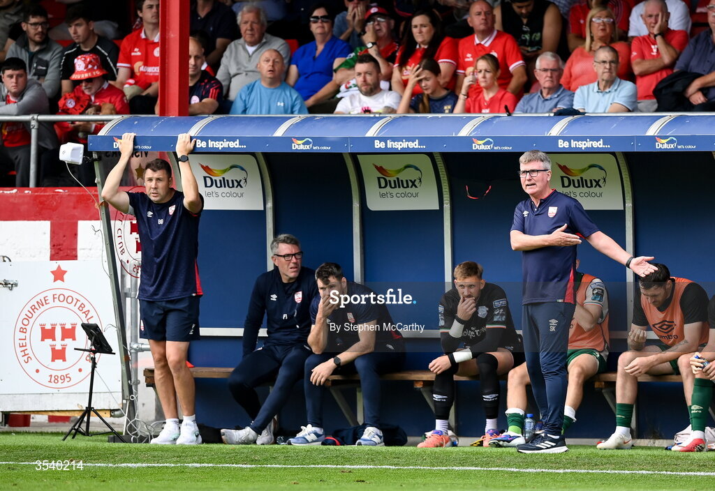 9 August 2026; St Patrick's Athletic manager Stephen Kenny with backroom staff, from left, assistant coach Brian Gartland, goalkeeping coach Pat Jennings and sports performance coach Kevin McManamon during the SSE Airtricity Men’s Premier Division match between Shelbourne and St Patrick's Athletic at Tolka Park in Dublin. Photo by Stephen McCarthy/Sportsfile