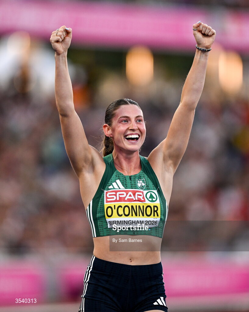 15 August 2026; Kate O’Connor of Ireland celebrates winning  the women’s heptathlon during day six of the European Athletics Championships 2026 at Alexander Stadium in Birmingham, England. Photo by Sam Barnes/Sportsfile