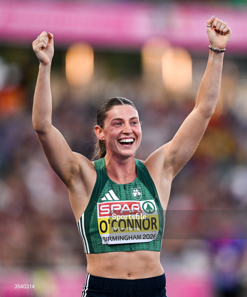 15 August 2026; Kate O’Connor of Ireland celebrates winning the women’s heptathlon during day six of the European Athletics Championships 2026 at Alexander Stadium in Birmingham, England. Photo by Sam Barnes/Sportsfile