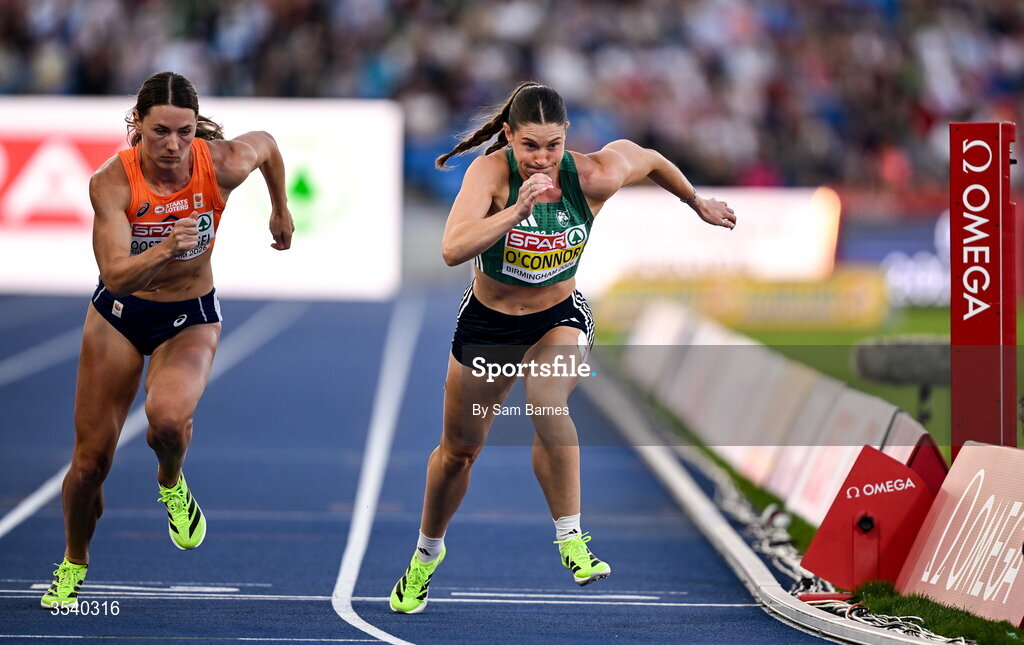 15 August 2026; Kate O’Connor of Ireland, right, competes in the 800m event of the women’s heptathlon during day six of the European Athletics Championships 2026 at Alexander Stadium in Birmingham, England. Photo by Sam Barnes/Sportsfile
