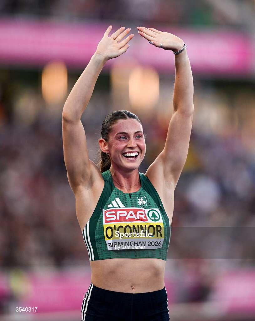 15 August 2026; Kate O’Connor of Ireland celebrates winning  the women’s heptathlon during day six of the European Athletics Championships 2026 at Alexander Stadium in Birmingham, England. Photo by Sam Barnes/Sportsfile