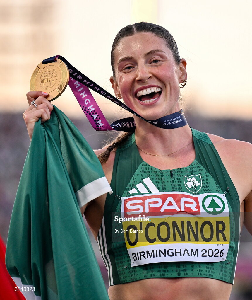 15 August 2026; Kate O’Connor of Ireland celebrates with her gold medal after winning the women’s heptathlon during day six of the European Athletics Championships 2026 at Alexander Stadium in Birmingham, England. Photo by Sam Barnes/Sportsfile